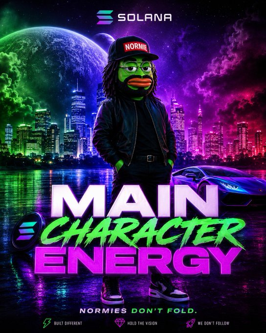 A promotional graphic featuring the 'SOLANA' logo, a 'NORMIE' character (a Pepe-style figure with a cap), with neon text reading 'MAIN CHARACTER ENERGY' and 'NORMIES DON'T FOLD.' against a colorful cityscape backdrop.