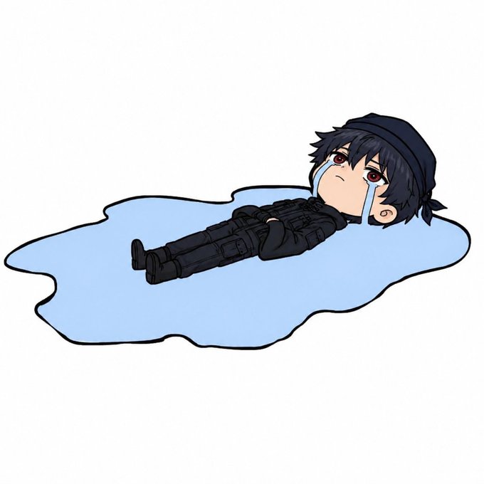 A chibi-style anime character in tactical black gear and a beanie lies in a puddle of tears, with oversized tears streaming down their face.