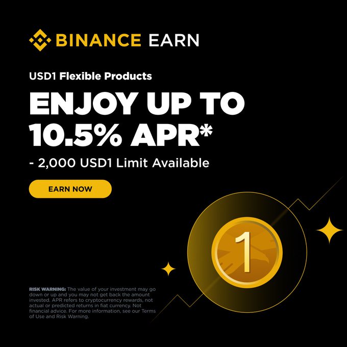 The image is of a Binance Earn promotional banner, which has an illustration of a gold coin above and below two dots (stars), each representing the current price of Bitcoin (BTC). A block chain graphic with several blocks of Bitcoin is also shown in the background. The main focus of the image is on the text within a white box that reads "Binance Earn - USD1 Flexible Products". Below this, there are two other lines of text: one that says 'Enjoy up to 10.5% aprr*' and another that says '2.000 USD1 Limit Available'. The overall mood of the image is positive and inviting, with a sense of excitement surrounding the opportunity to trade Bitcoin at potentially lower costs than usual.