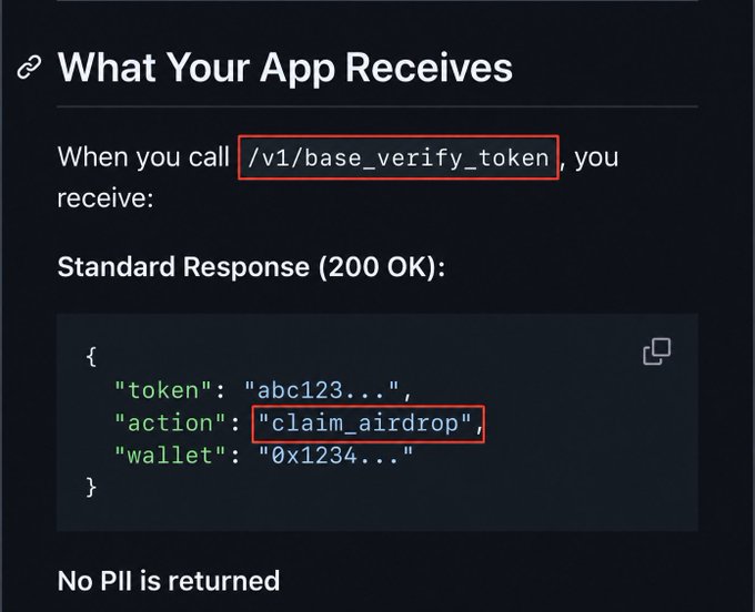 The image displays documentation titled "What Your App Receives," showing that calling `/v1/base_verify_token` returns a 200 OK response with fields for "token," "action" ("claim_airdrop"), and "wallet," with a note that "No PII is returned."

This technical preview of a token verification endpoint with a "claim_airdrop" action supports the post's speculation that Base is preparing its airdrop claim infrastructure.