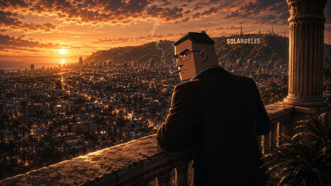 An illustrated scene of a man in a suit smoking a cigarette on a balcony overlooking a city labeled 'LOS ANGELES' at sunset, with the Hollywood sign visible in the distance.