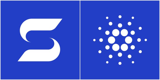 Two cryptocurrency logos displayed on blue backgrounds: the stylized 'S' of Stellar (XLM) on the left and the circular dot pattern of Cardano (ADA) on the right.