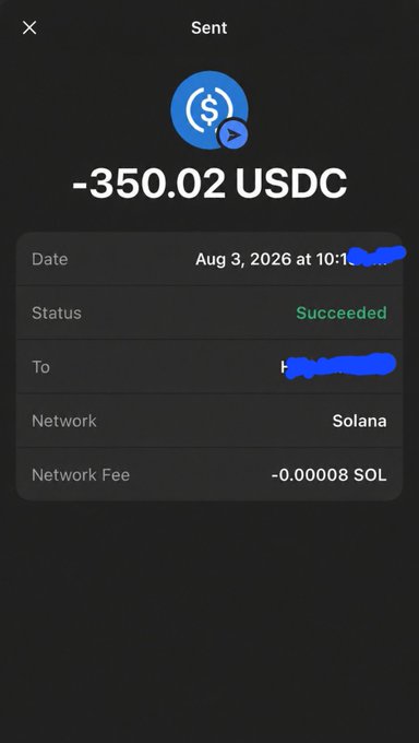 A mobile screenshot showing a successful sent transaction of -350.02 USDC on the Solana network, dated Aug 3, 2026, with a network fee of -0.00008 SOL.