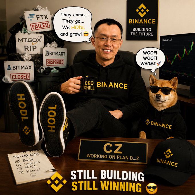 A satirical crypto meme depicting CZ (Binance CEO) sitting with a doge dog, surrounded by boxes labeled 'MT.GOX RIP', 'FTX FAILED', 'BITMAX CLOSED', and 'BITMART SUSPENDED', with text 'They come... They go... We HODL and grow! WOOF! WOOF! WAGMI' and 'STILL BUILDING STILL WINNING'.