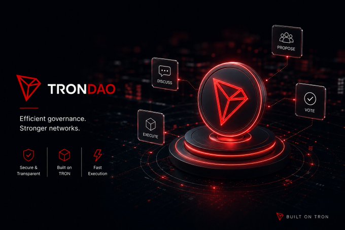 A promotional graphic for TRON DAO displays "Efficient governance. Stronger networks." along with features like "Secure & Transparent," "Built on TRON," and "Fast Execution," highlighting icons for Propose, Discuss, Vote, and Execute.