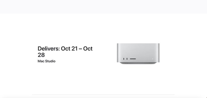An Apple website screenshot showing a Mac Studio delivery date of "Oct 21 - Oct 28".
