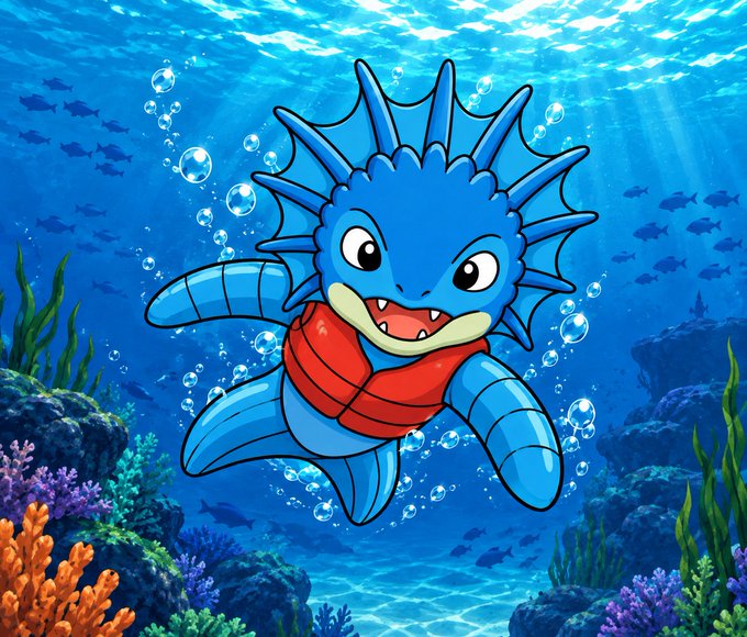 An illustration depicts a blue, spiky-haired, cartoon-style aquatic creature with a red chest, smiling and swimming in an underwater scene with coral and small fish.