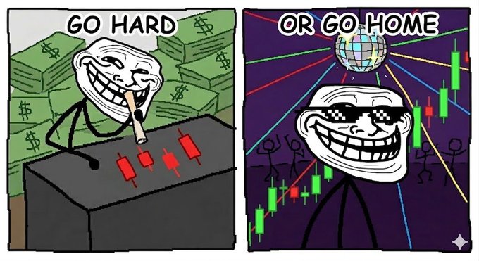 A two-panel troll face meme showing "GO HARD" with the character surrounded by stacks of cash next to red bearish candlesticks, and "OR GO HOME" with the character wearing "deal with it" shades in front of green bullish candlesticks and a disco ball. The imagery reflects the post's message about $TROLL trading between the low buy zone ($0.069) and the high sell target ($69), encouraging bold conviction rather than fading the trade.