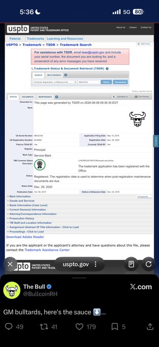 A screenshot of a USPTO Trademark Electronic Search System (TESS) page showing registration of "BULL" trademark by Service Mark for crypto coin and currency tokens, registered Dec. 29, 2020, paired with an X post from "The Bull @BullcoinRH" suggesting $BULL token's presence on Robinhood Chain.