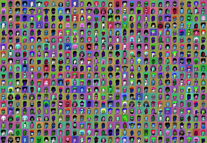A colorful pixel art grid featuring numerous small character avatars and creature icons arranged on multicolored square backgrounds.