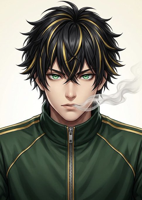 An anime-style illustration of a young man with black and gold streaked hair, green eyes, and a green track jacket exhaling visible breath.