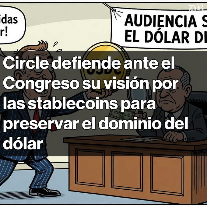 Cartoon-style political illustration with Spanish text reading 'Circle defiende ante el Congreso su visión por las stablecoins para preservar el dominio del dólar' depicting a USDC lobbying scene.