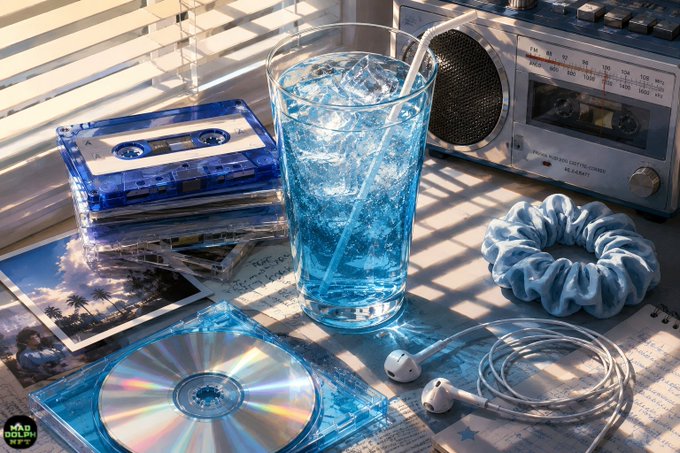 A still life featuring a blue drink with ice in a glass, surrounded by a cassette tape, CDs, wired earbuds, a scrunchie, and a vintage radio.