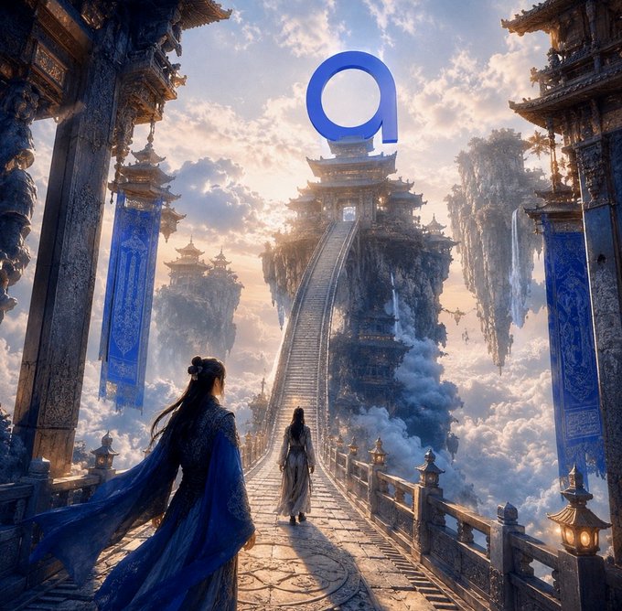 A fantasy digital artwork depicting figures in flowing robes walking across a grand stone bridge toward a floating palace in the clouds.