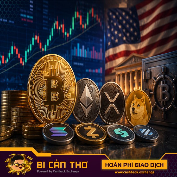 A promotional banner for "Cashback Exchange" displays an arrangement of physical cryptocurrency coins—including Bitcoin, Ethereum, XRP, Dogecoin, Zcash, and others—alongside an American flag, a stock chart, and a government building, visually reinforcing the post's theme of crypto trading dynamics amid U.S. strategic Bitcoin reserve expectations. Text at the bottom reads "BÍ CÂN THƠ" and "HOÀN PHÍ GIAO DỊCH" with the website "www.cashback.exchange."