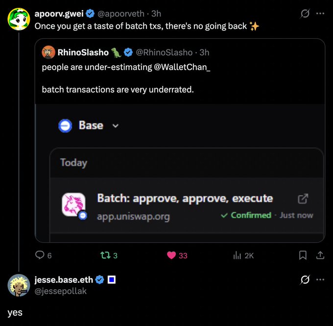 A Twitter/X screenshot shows a post by 'apoorv.gwei' stating 'Once you get a taste of batch txs, there's no going back ✨', quoting a tweet from 'RhinoSlasho' highlighting batch transactions on Uniswap, with a reply from 'jesse.base.eth' simply saying 'yes'.