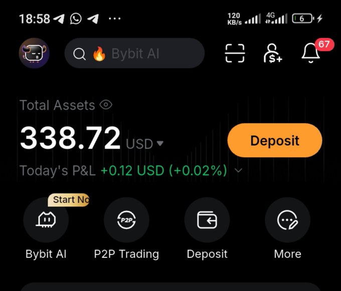 Screenshot of the Bybit mobile app home screen showing Total Assets of 338.72 USD with today's P&L of +0.12 USD (+0.02%), along with navigation options for Bybit AI, P2P Trading, Deposit, and More.