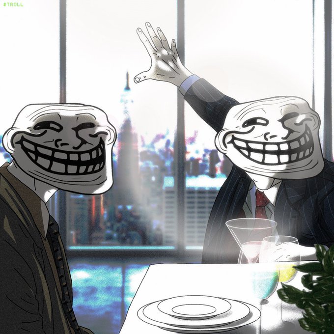 The image features two cartoon men with fake faces, both wearing suits and standing at a dining table. They are holding wine glasses filled with red wine, which suggests they might be enjoying a meal together or celebrating an occasion. The background of the image shows a city skyline, indicating that they could be in a restaurant located in a metropolitan area. The post about the character "Elon" is likely related to the cartoon men and their surroundings, possibly referencing a popular TV show or movie featuring the character.