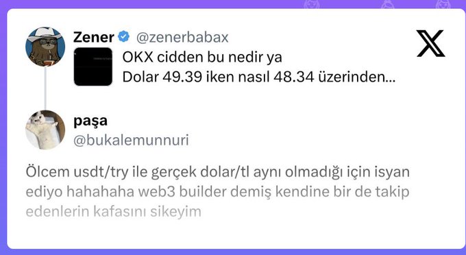 A screenshot of an X (Twitter) conversation between users 'Zener @zenerbabax' and 'paşa @bukalemunnuri' discussing exchange rates in Turkish, mentioning 'OKX' and dollar/try values.