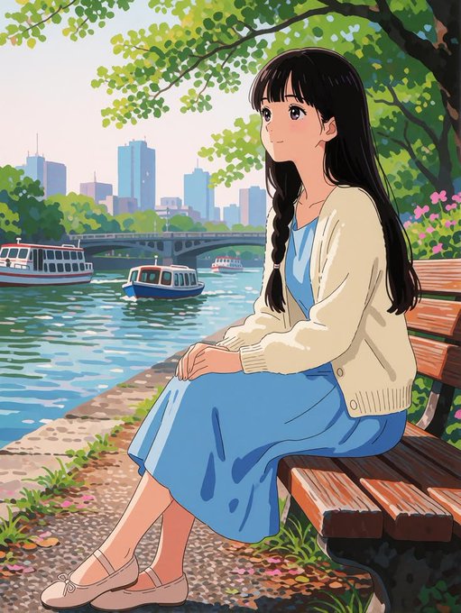 A retro anime-style illustration of a girl with long dark hair in a blue dress and cream cardigan sitting on a bench by a river, looking out at boats and a city skyline.