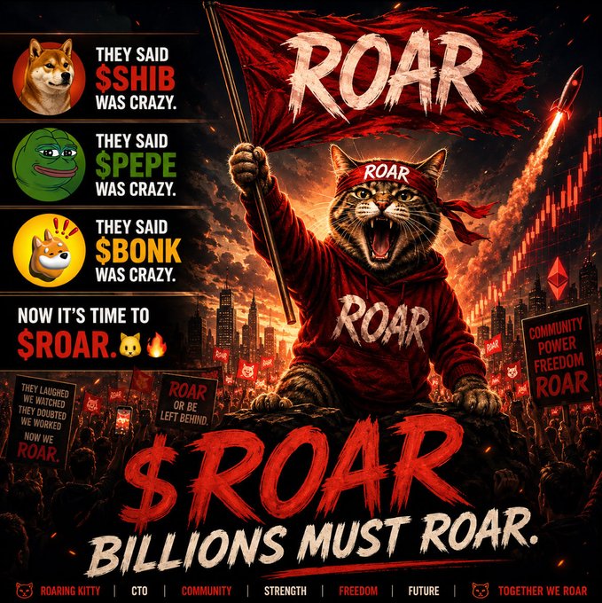 Meme-style promotional poster featuring a roaring cat in a red hoodie waving a flag with "ROAR" text, comparing $SHIB, $PEPE, and $BONK, with the slogan "$ROAR BILLIONS MUST ROAR" and "ROARING KITTY."