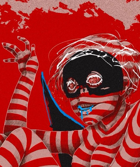 The image depicts a person in a striking and unusual costume, characterized by red and peachy stripes covering their face, arms, and body. The individual seems to be engaging the viewer in a lively and playful manner with their expressions. The painting appears to be a moveable artwork inspired by a social media post where the artist shared a promotional picture of new artwork alongside the statement, "This painting moved itself."