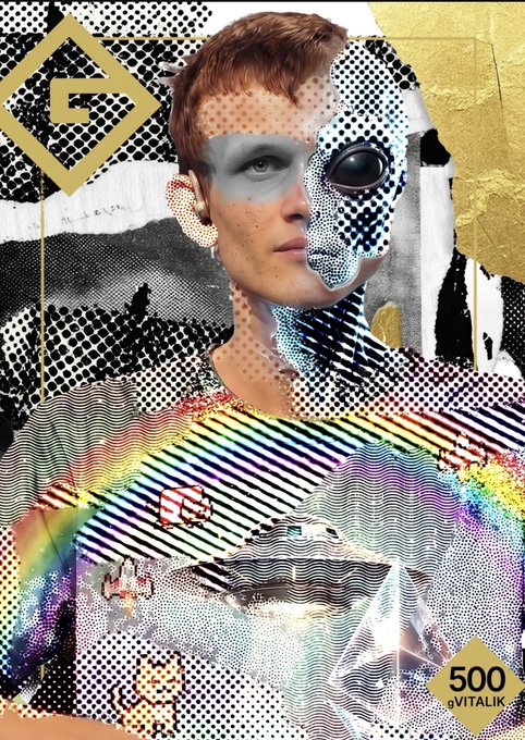 An artistic, mixed-media portrait collage of a person with a skull-like alien overlay, featuring a '500 gVITALIK' badge in the bottom corner and a 'G' logo at the top.