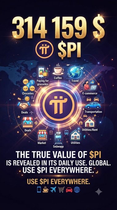 A promotional poster for '$PI' displays '314 159 $ $PI' at the top and 'THE TRUE VALUE OF $PI IS REVEALED IN ITS DAILY USE. GLOBAL. USE $PI EVERYWHERE.' at the bottom, surrounded by icons for various daily transactions.