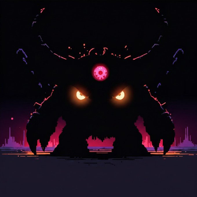 The image features a large, dark figure with glowing red eyes that appears to be a monster or a demon. The monster has horns and is facing towards the viewer, giving an intense and captivating look. The background of the image is black, which contrasts with the bright red glow from the monster's eyes. There are also some text elements in the image, including "I am giving away 3 GTD plus 15 FCFS spots for Tiny Pixel Terrors." This suggests that there might be a contest or giveaway related to the monster figure, and the viewer is encouraged to participate by providing their own image of the monster.