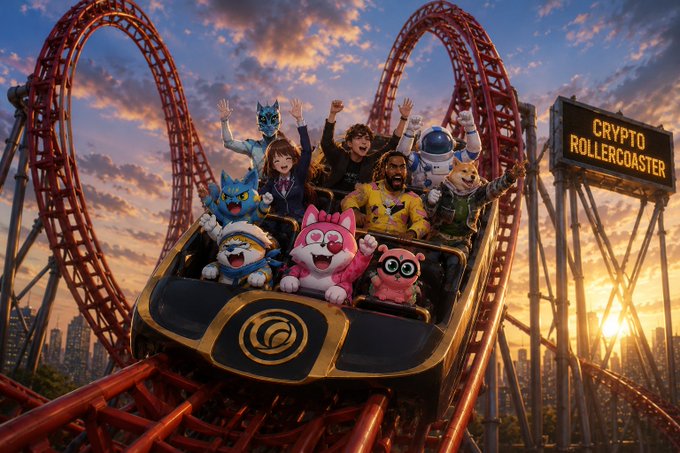 The image shows a group of people riding a roller coaster, with their arms raised high in excitement. The roller coaster has red tracks that contrast against the sky backdrop. In the background, there are buildings visible, suggesting an amusement park setting. The caption reads "crypto rollercoaster #RACA #LOOKİ #USM #Crypto". This image is related to a post about a roller coaster ride at an amusement park called "crypto rollercoaster #RACA #LOOKİ #USM # Cryptocurrency".