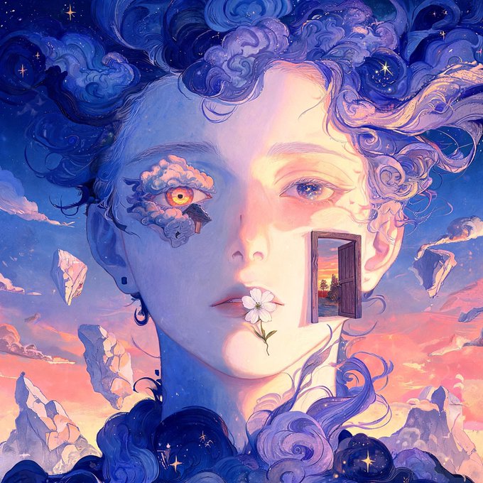 A surreal digital artwork featuring a face with stormy blue-purple clouds for hair, where one eye is a cloud with a lightning strike, the cheek reveals a small open door to a sunset landscape, and a white flower grows from the lips.