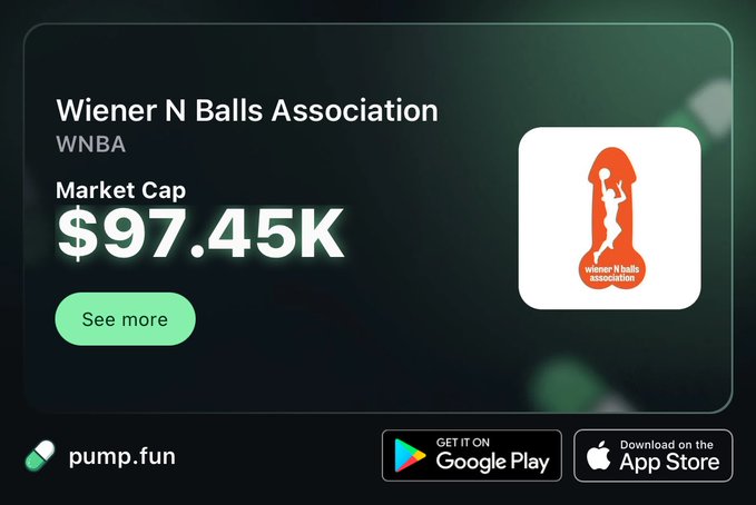 A pump.fun listing for 'Wiener N Balls Association' (WNBA) token with a market cap of $97.45K, featuring an orange rocket-shaped logo with a figure inside.