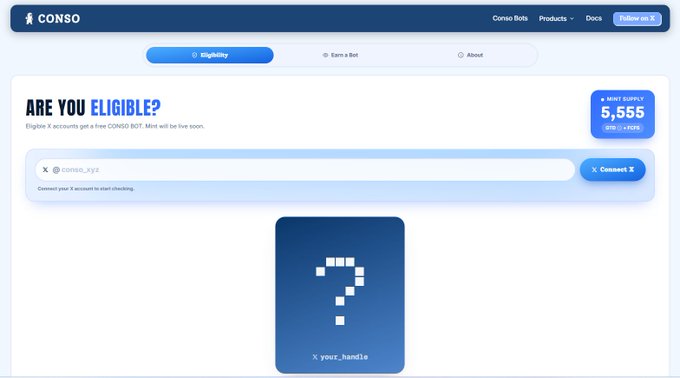 A screenshot of the CONSO website interface checking X account eligibility, displaying a mint supply counter of '5,555' and a placeholder for an X handle with a question mark.
