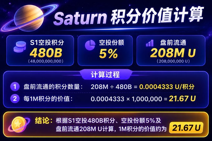 A Chinese-language infographic calculating 'Saturn 积分价值计算' (Saturn points value calculation), showing 480B airdrop points, 5% allocation, and 208M U pre-market circulation, concluding 1M points equals approximately 21.67 U.