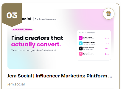 A ProductHunt listing page shows Jem Social at rank #3, an influencer marketing platform with the tagline 'Find creators that actually convert' from jem.social.