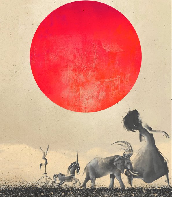 A large red sun dominates a muted, textured sky above a surreal black-and-white procession: a unicyclist, a small zebra, a triceratops-like creature, and a flowing-haired figure in a dress, all moving together like a dreamlike circus caravan. The imagery mirrors the post's metaphor of life as a traveling caravan, with the bold red sun symbolizing the vibrant, fleeting bursts of light encountered along the journey—matching the "Transient Labs" theme of impermanence.