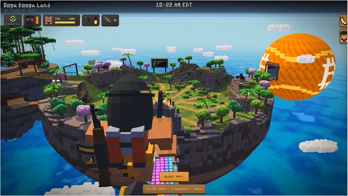 A screenshot from the video game Doge Doge Land shows a colorful 3D island environment with a large doge-themed hot air balloon and the timestamp '10:22 AM EDT'.
