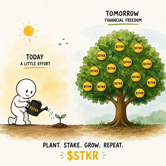 An illustration promoting $STKR cryptocurrency, showing a cartoon figure watering a sprout labeled 'TODAY' and a money tree bearing $STKR coins labeled 'TOMORROW FINANCIAL FREEDOM'.