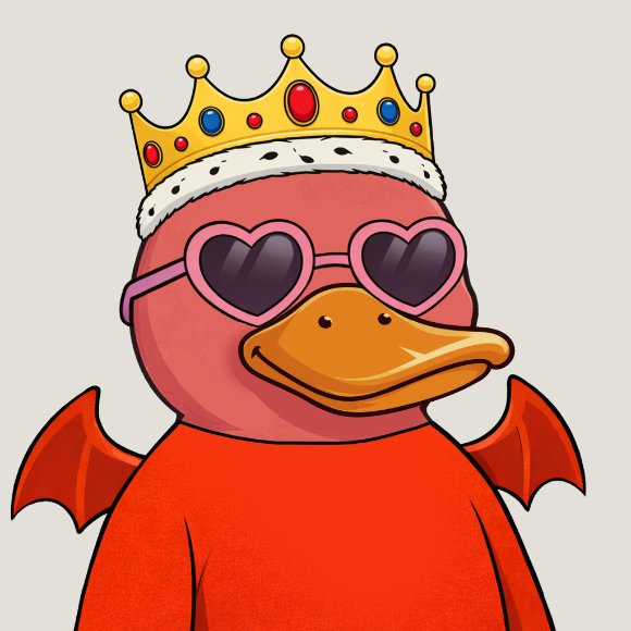 A cartoon illustration of a red duck character wearing a gold crown with jewels and pink heart-shaped sunglasses.
