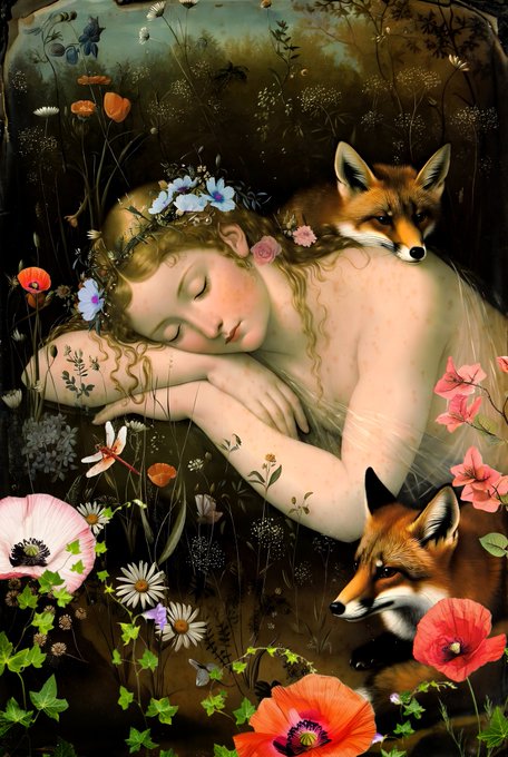 A painting showing a sleeping woman with flower-adorned hair surrounded by foxes and various wildflowers in a meadow.