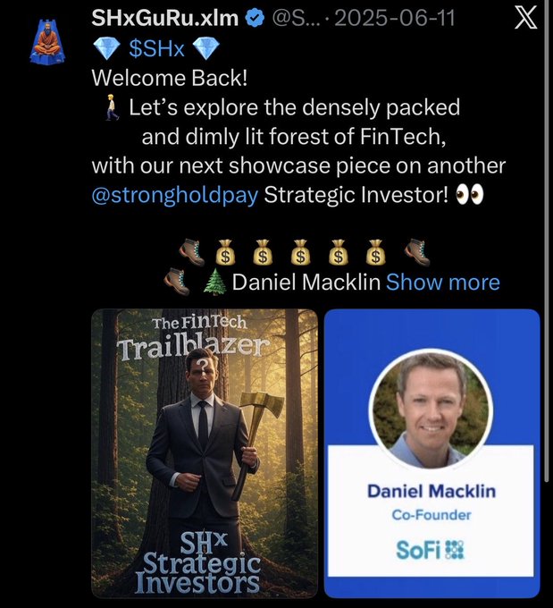 A Twitter/X post from SHxGuRu.xlm dated 2025-06-11 announces Daniel Macklin, Co-Founder of SoFi, as the next Strategic Investor showcase for $SHx (FinTech Trailblazer).