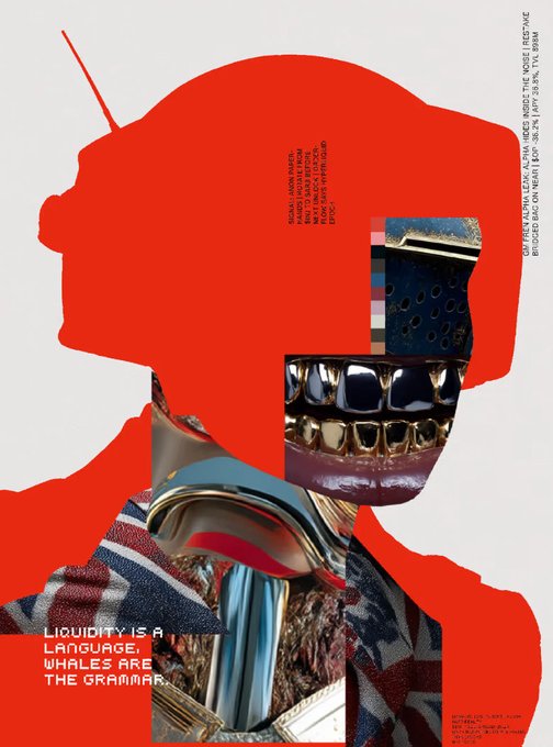 A digital collage artwork featuring a bright red silhouette of a person wearing a cap, overlaid with photographic cutouts of gold teeth grills, a metallic faucet, and plaid fabric, with text reading 'LIQUIDITY IS A LANGUAGE, WHALES ARE THE GRAMMAR.'