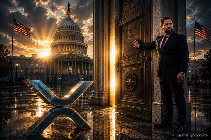 An AI-generated image showing a man in a suit standing by ornate doors with the U.S. Capitol and an XRP (X) logo in the foreground, watermarked '@TheCryptoSquire'.