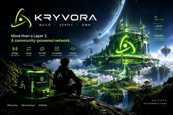 Promotional artwork for 'KRYVORA', a 'community-powered network' blockchain project, showing a futuristic sci-fi landscape with floating islands, a person looking at a 'GENESIS NODE NFT', and features like '2s Block Time', '< $0.01 Avg Gas', and 'Sepolia State Settle'.