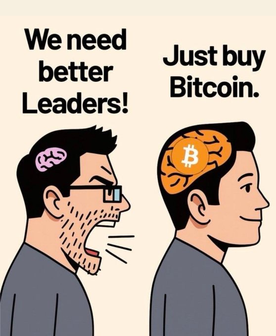A cartoon-style illustration contrasts two figures: on the left, a shouting man with an exposed brain captioned 'We need better Leaders!', and on the right, a calm man with a Bitcoin symbol for a brain captioned 'Just buy Bitcoin.'
