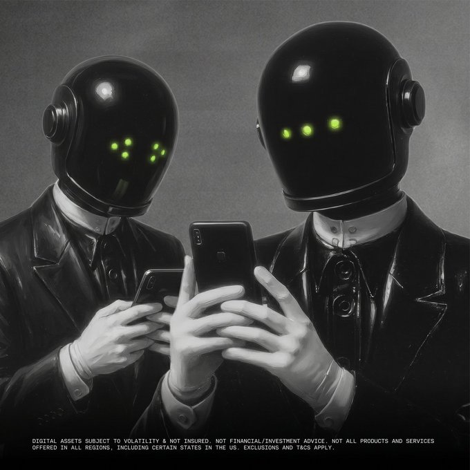 Two sleek robots in formal suits intently examine a smartphone, their glowing green eyes reflecting off the screen as they analyze trading activity. The caption below warns: "DIGITAL ASSETS SUBJECT TO VOLATILITY & NOT INSURED. NOT FINANCIAL/INVESTMENT ADVICE. NOT ALL PRODUCTS AND SERVICES OFFERED IN ALL REGIONS, INCLUDING CERTAIN STATES IN THE US. EXCLUSIONS AND T&CS APPLY."

The image mirrors the post's theme of advanced trading bots—TWAP and Iceberg—by depicting AI entities focused on a device, symbolizing algorithmic precision and control over digital asset trades.