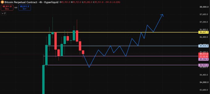 A candlestick chart of the Bitcoin Perpetual Contract (4h) on Hyperliquid, showing BTC trading at $85,511.00 with resistance at $86,667.7 and support at $84,921.0, overlaid with a blue zig-zag line projecting an upward trend toward $87,000.
