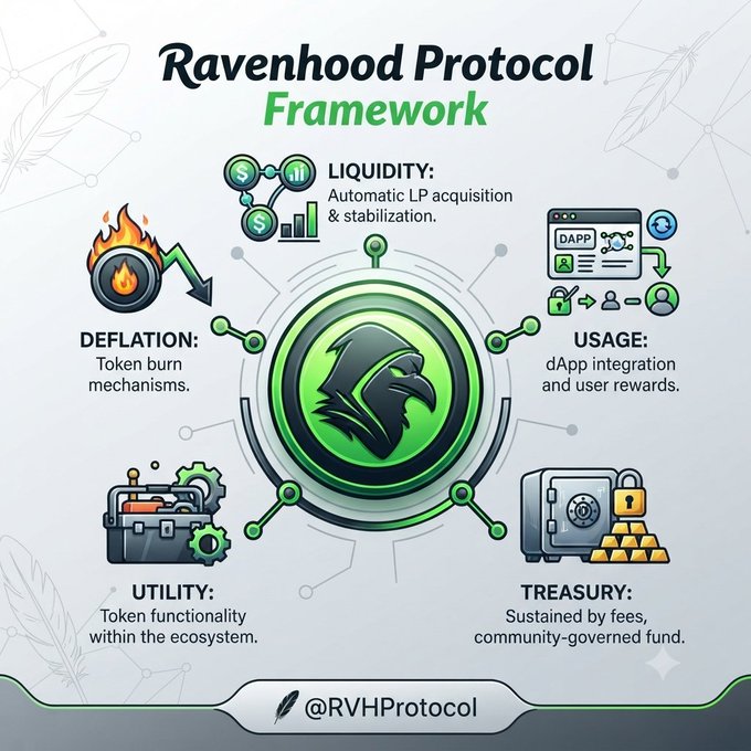 An infographic illustrating the Ravenhood Protocol Framework with four pillars: Liquidity, Deflation, Usage, Utility, and Treasury, branded with @RVHProtocol.