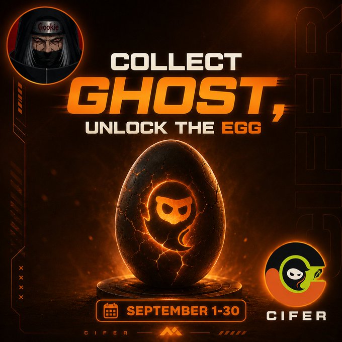 A promotional graphic reading 'COLLECT GHOST, UNLOCK THE EGG' with dates 'SEPTEMBER 1-30', featuring a cracked glowing egg with a ghost symbol and the 'CIFER' logo.
