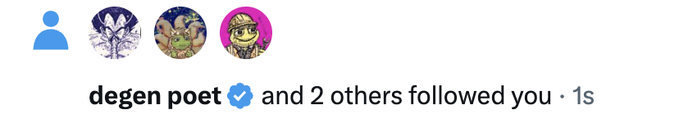 A notification from a social platform shows three profile icons—one of "degen poet" with a blue checkmark—alongside the text "degen poet and 2 others followed you · 1s." The image corresponds to the post's caption, indicating that the user has gained new followers, including the verified "degen poet" and members of the @solanapoet community.
